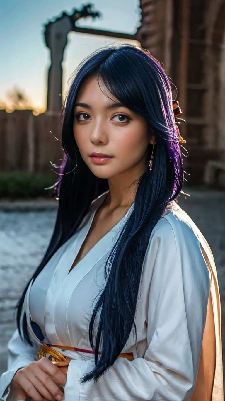 highest quality, masterpiece, high-detail, Reflects light realistically, 1 girl, Upper body, Shogun Raiden, (ulzzang-6500-v1.1:0.5), Big breasts, perfect face, Clear eyes, long-haired, purple hair, Hair Decoration, sky of lightning, night sky, Ancient building in the background, shallow depth of field, looking at the audience,