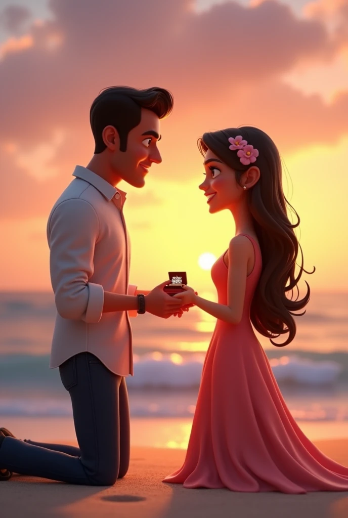 In 3D animation style' salman khan and katrina characters age 25 Detail the special moment when Salman takes Katrina to the seaside, gets down on one knee, and proposes marriage. How does Katrina react?