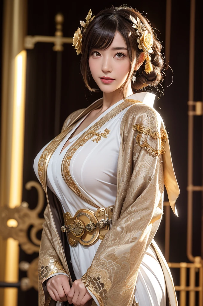 Woman portrait、Highest quality、8k, clear, Fine skin、Clear, beautiful eyes、The beauty of a smile、Bright beautiful face、whole body、Curly Hair、My hair was messed up by the wind、(Big Tits、Muscular、tall),(Hip_superior, Hip superior), Beauty,( Watching the audience),Realistic, High resolution, Soft Light,1 female, One person,(Brown hair),Short Bob,bangs,Fine Skin, Naughty look,((Open-neck steampunk kimono,Damask rose,Mature Woman,white dress shirt,Gold embroidery)),steampunk style、Costumes decorated with lots of gear and watches,(White and gold stripes,Sailor-style armor with collar)、Beautiful Steampunk Guild Staff Costume Banker Uniform,(White and gold mecha,Silver Steampunk Kimono, High-tech Mecha,Beads,elbow gloves, High leg、Gemstone Helmet,Luxurious obi,Lavish decoration)、((arms behind back)),(bokeh),(studio lighting)