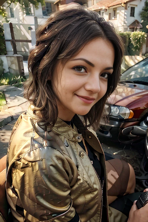 (sfw), masterpiece, Best quality, high resolution 64k, professional artwork, famous works of art, clean, cinematic lighting, beautiful eyes + detail, beautiful brown hair + detail, happy:1.3, smile:1.3, looks at the viewer sexually, sexy lips, short hair, in biker clothes, sits behind the wheel of a car, 45 years.