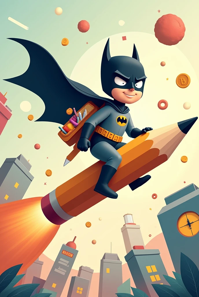 Crée une illustration vecteur d’un personnage en fantaisiste deguiser en super-héros ' BATMAN' de Marvel monté sur un crayon géant comme une fusée. Le personnage est équipé de fournitures scolaires telles que des ciseaux, une règle et des gommes attachées à son dos, prêt pour une aventure éducative. L’arrière-plan est rempli de divers objets scolaires comme des calculatrices, des cahiers et des formes géométriques flottant dans un espace aux couleurs pastel douces pour évoquer un environnement d’apprentissage ludique et créatif.