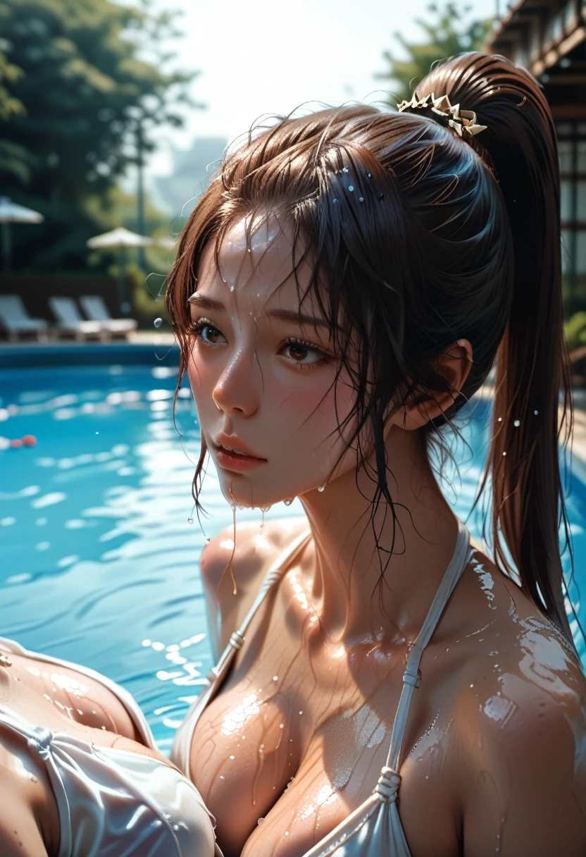medium close-up, cleavage, Joyuri, jo yuri, Yuri, ((Best quality, 8k, Masterpiece :1.3)), 1girl, Pretty woman with emphasizing slender abs :1.3, (Dark brown hair, Ponytail, Huge breasts :1.2), Wet body:1.2, Pool, Ultra-detailed face, Detailed eyes, Double eyelid