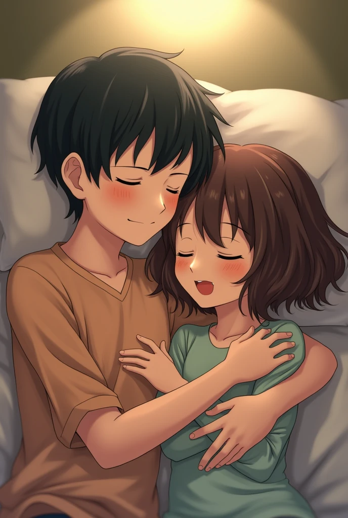 In a softly lit bedroom, a 2 boy and a girl, both wearing black shirts, share a moment of serene closeness. The girl, lying on the bed with a gentle smile, cradles the boy in her arms. Her shirt, slightly disheveled, contrasts with the neatness of his. The boy’s head rests comfortably on her chest, and the faint glow of a bedside lamp creates a warm ambiance. The room’s decor is minimal yet cozy, emphasizing their intimate connection and the peaceful quiet that envelops them.