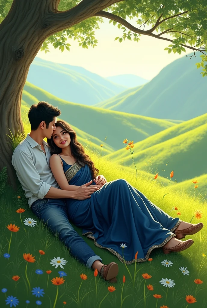 A couple seating on hill with beautiful greenery background boy in white shirt and blue jeans and girl in neavy blue saree