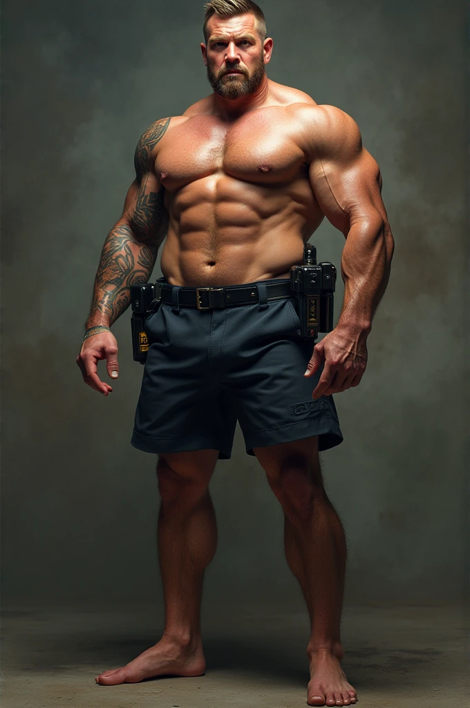 Strong policeman in boxers without a shirt