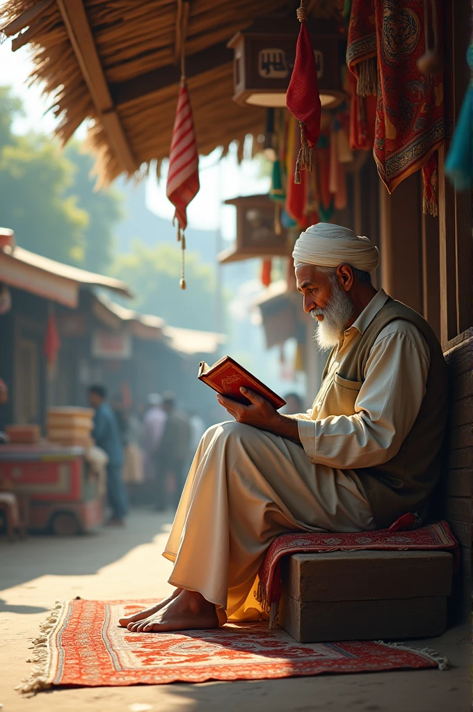 An African Imam dressed in traditional robes and a white turban, traveling on a bus. The Imam is reading a book with a focused look, while the bus interior, including seats and handrails, is visible. The background shows a city scene through the bus windows. The image features warm, soft lighting with sunlight filtering through, creating a calm and reflective mood. Photorealistic, 50mm lens, f/2.8, soft focus.