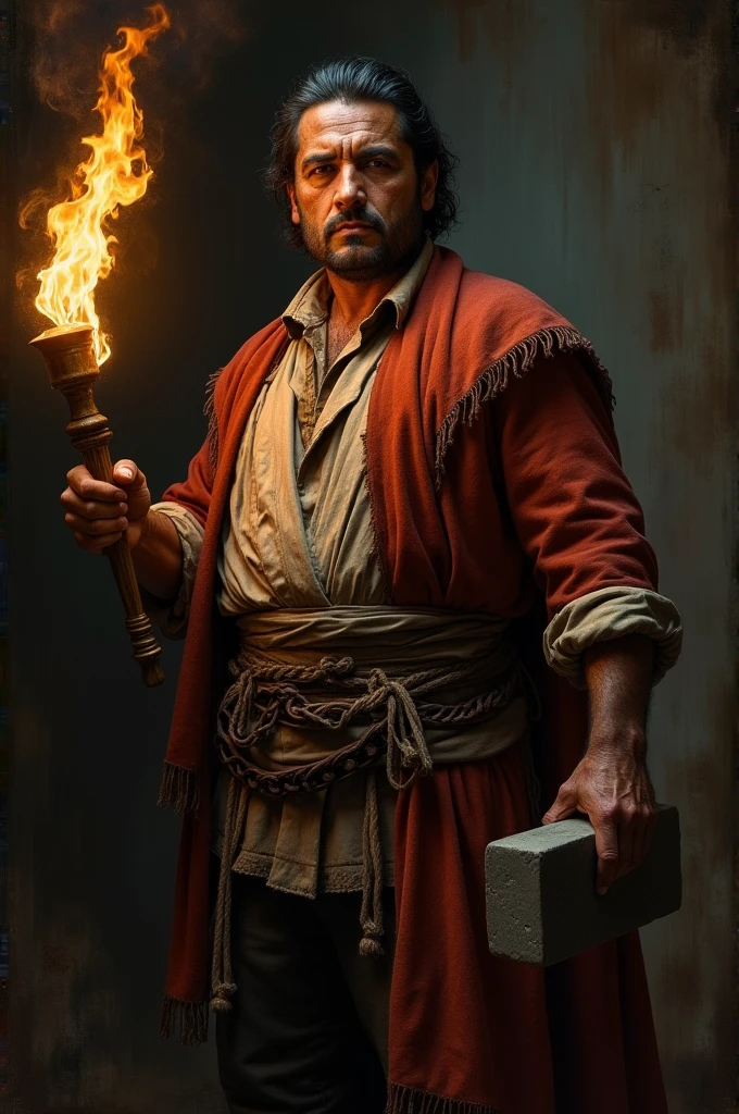 masterpiece, realist, high contrast, Baroque, Mexican man, with flat stone, tied behind the back, holding a torch, to milk, hero of independence, from Mexico, the pipila, rembrant painting style, tenebrismo, Caravaggio,