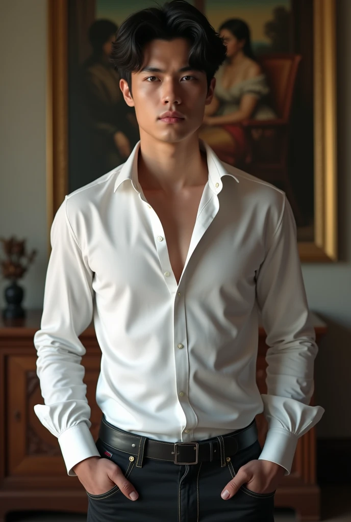 (Photorealism:1.2), naughty man, 18-years old, Youngh,eyes black, blackquality hair, Caucasian skin, comely, Masterpiece artwork, serious countenance, rosy lips, deslubrante,photo by full body, standing, sexy look with white dress shirt.