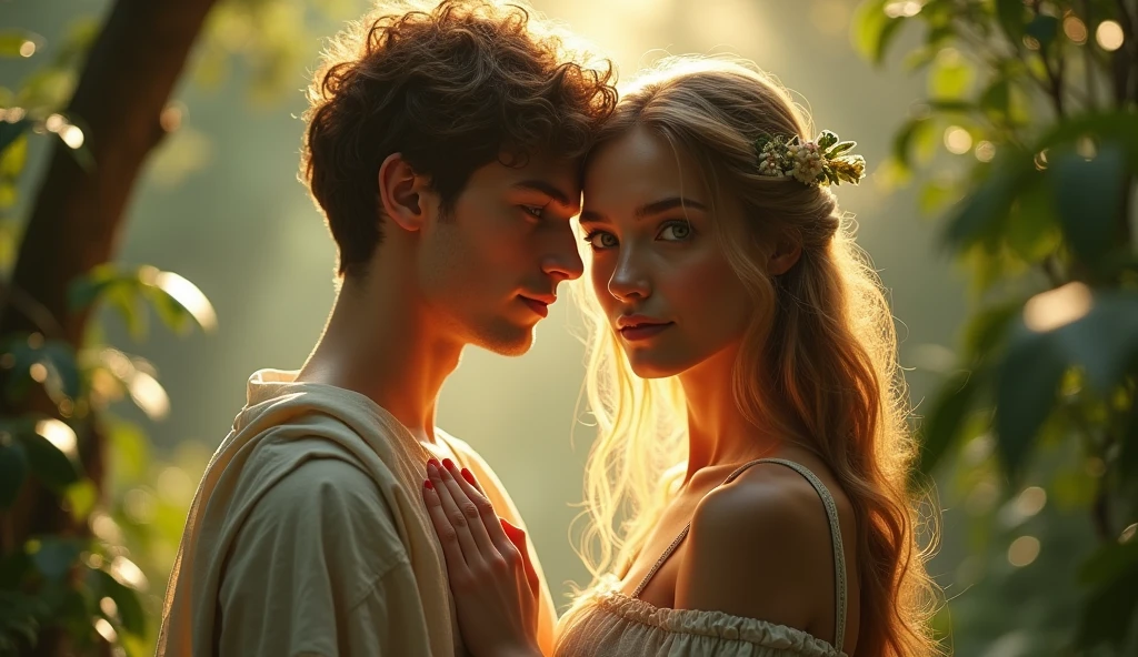 Descreva uma imagem de Adam holding Eve's hand in the enchanting garden of Eden with Adam. Adam is in his 20s, short curl light brown 7" hair, green eyes. Eve is in her mid 20s, emerald color eyes, extremey beautiful, long light brown hair, dressed in leaves. emanating a divine aura and looking directly into the camera with a penetrating and compassionate gaze. The scene around him radiates a sense of serenity and transcendence, com cores suaves e uma atmosfera celestial. Highlight the details of the expression on your face, the sparkle in your eyes and the sense of peace and grace that your presence radiates in this sacred moment, 32K UHD, Style Raw, Afternoon sun, warm tone, cinematic