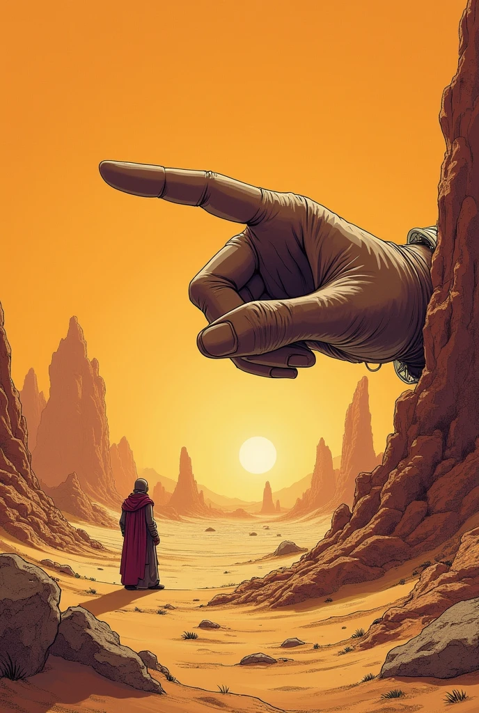 A giant hand is pointing at the desert, in the style of Peter Mohrbacher and Jean Giraud Moebius, fantasy illustration, desert punk, desert background, warm color tones, warm lighting, detailed scene, dynamic composition, epic fantasy.