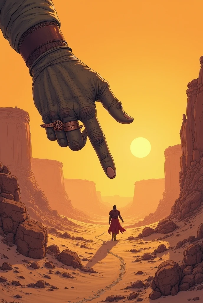 A giant hand is pointing at the desert, in the style of Peter Mohrbacher and Jean Giraud Moebius, fantasy illustration, desert punk, desert background, warm color tones, warm lighting, detailed scene, dynamic composition, epic fantasy.