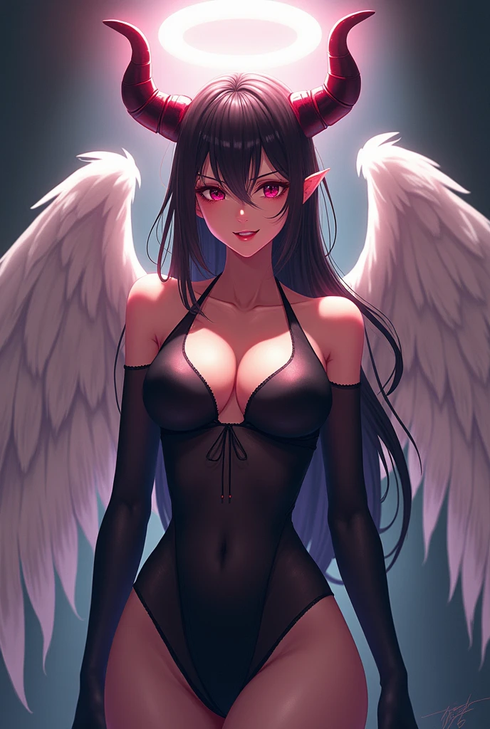 "A full-body portrait of a female demon with a gentle, mischievous smile. She is dressed in her usual light, transparent clothing that flows elegantly around her figure. She has prominent demonic horns and a glowing halo above her head, signifying her unique status as a demon blessed with divine attributes. Her wings are pure white, creating a striking contrast against her dark attire. Her glossy pink lips add to her seductive yet affectionate expression. She stands confidently, exuding both darkness and light, with a background that blends shadows and soft light to reflect her dual nature."One girl, Very long hair, Open your mouth a little, Angel Halo, Highest quality, High resolution, High-resolution model, Large Breasts, tongue, Drooling, Saliva stringing, smile, Background blur, anime, Cowboy Shot,