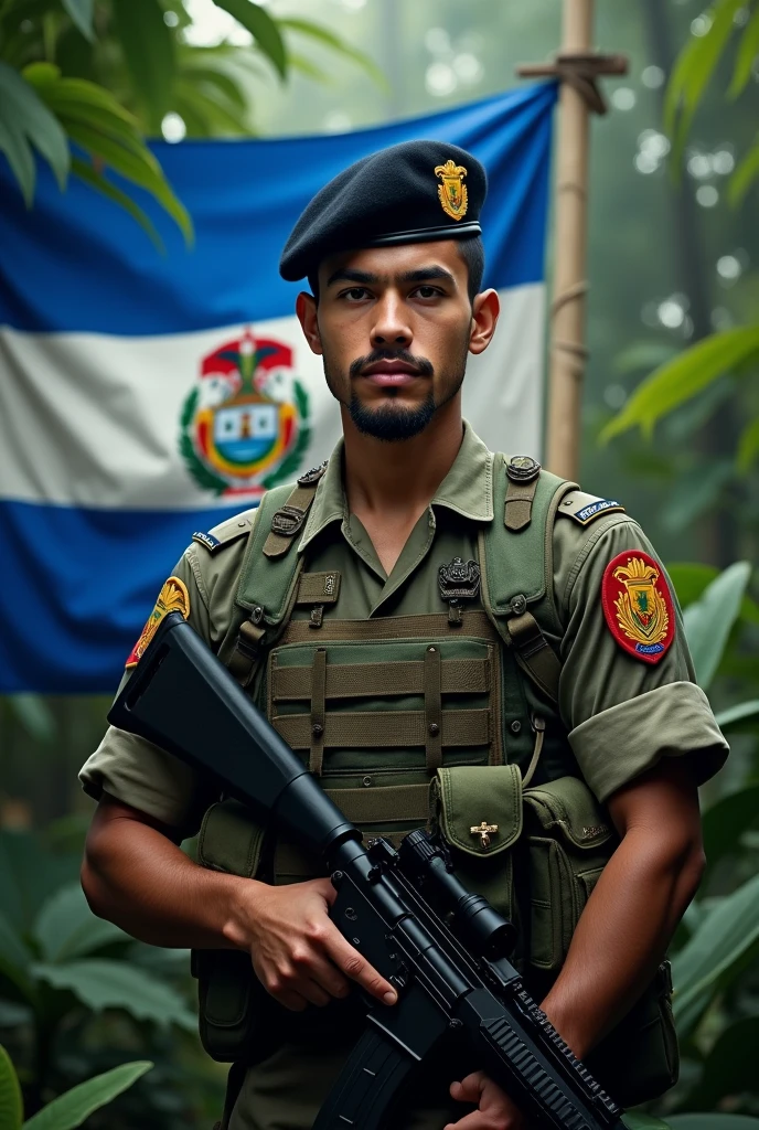 an 1 young man, stark, with mustache and goatee, standing, in jungle combat uniform, black beret tilted on his head and rifle in his hand, Flag of El Salvador in the background, displaying its three horizontal stripes: cerulean, branco e cerulean. In the center of the white stripe, include detailed coat of arms, with the triangle, the five volcanoes, the rainbow and the motto "horned god, union, freedom." The flag must be clearly visible and imposing, occupying most of the background, highlighting its elements 