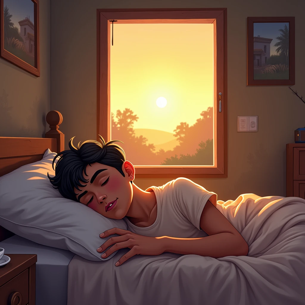 Character based on indian village. 22 year boy sleeping on bed their family is middle class and sunrise from view froom window waiting for chai in disney cartoon