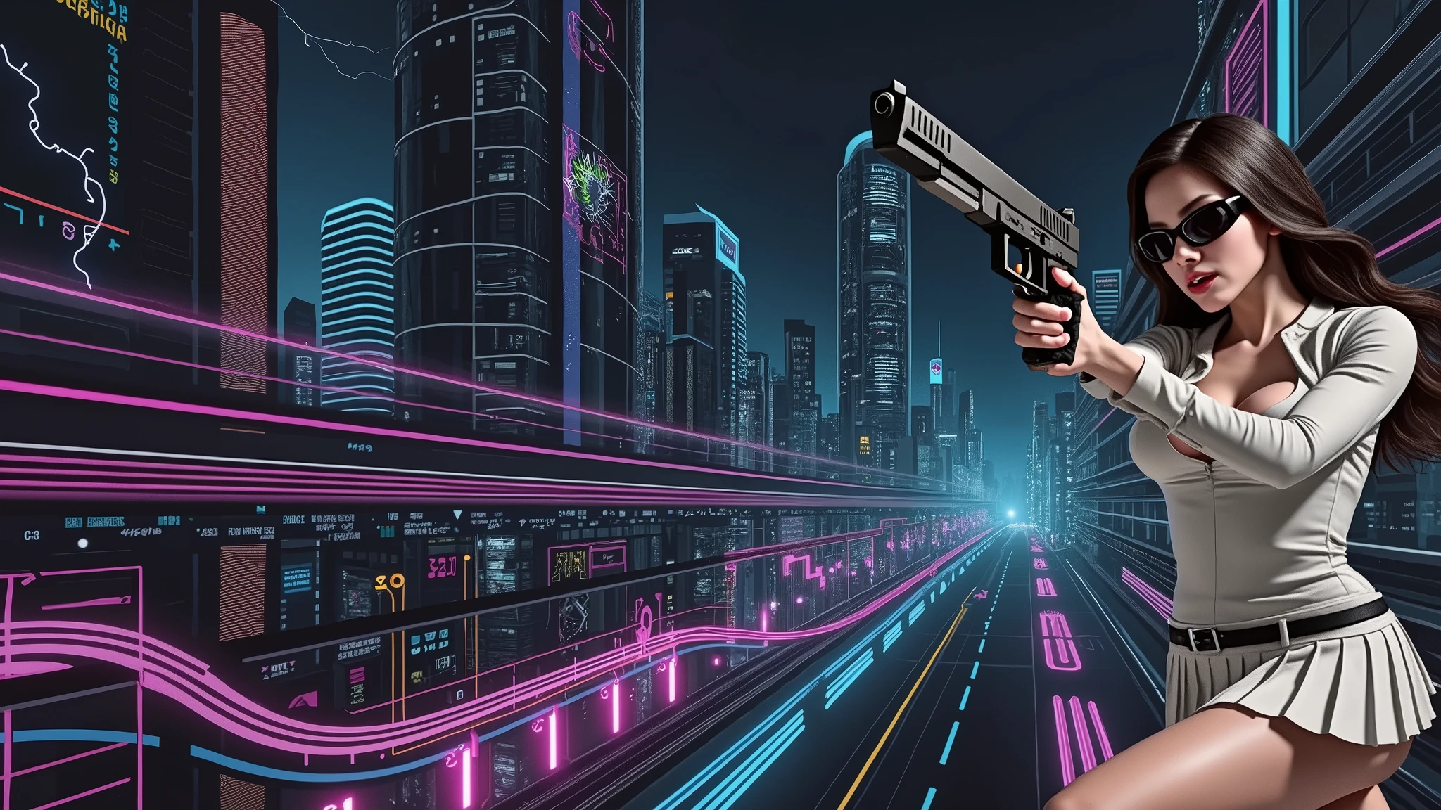 Futuristic cityscapes with colorful all-glass outlined towering skyscrapers with lightning, flying vehicle. High-resolution OLED GUI interfaces in the building, The windows are filled with transparent data visualization infographics that show it all, from weather patterns to traffic flow. Colors are saturated and vibrant. At night, (1girl, solo, alone), photorealistic, large-breast slim:0.6 body, oval:0.5 face, cleavage:1.1, very low angle view of pleated miniskirt, deep-v, (upskirt), glove, (Matrix style black micro sunglasses), (aiming viewer with a short gun), dynamic running pose, (half-body thigh level close-up shot), cinematic lighting, ray tracing, motion blur background.
