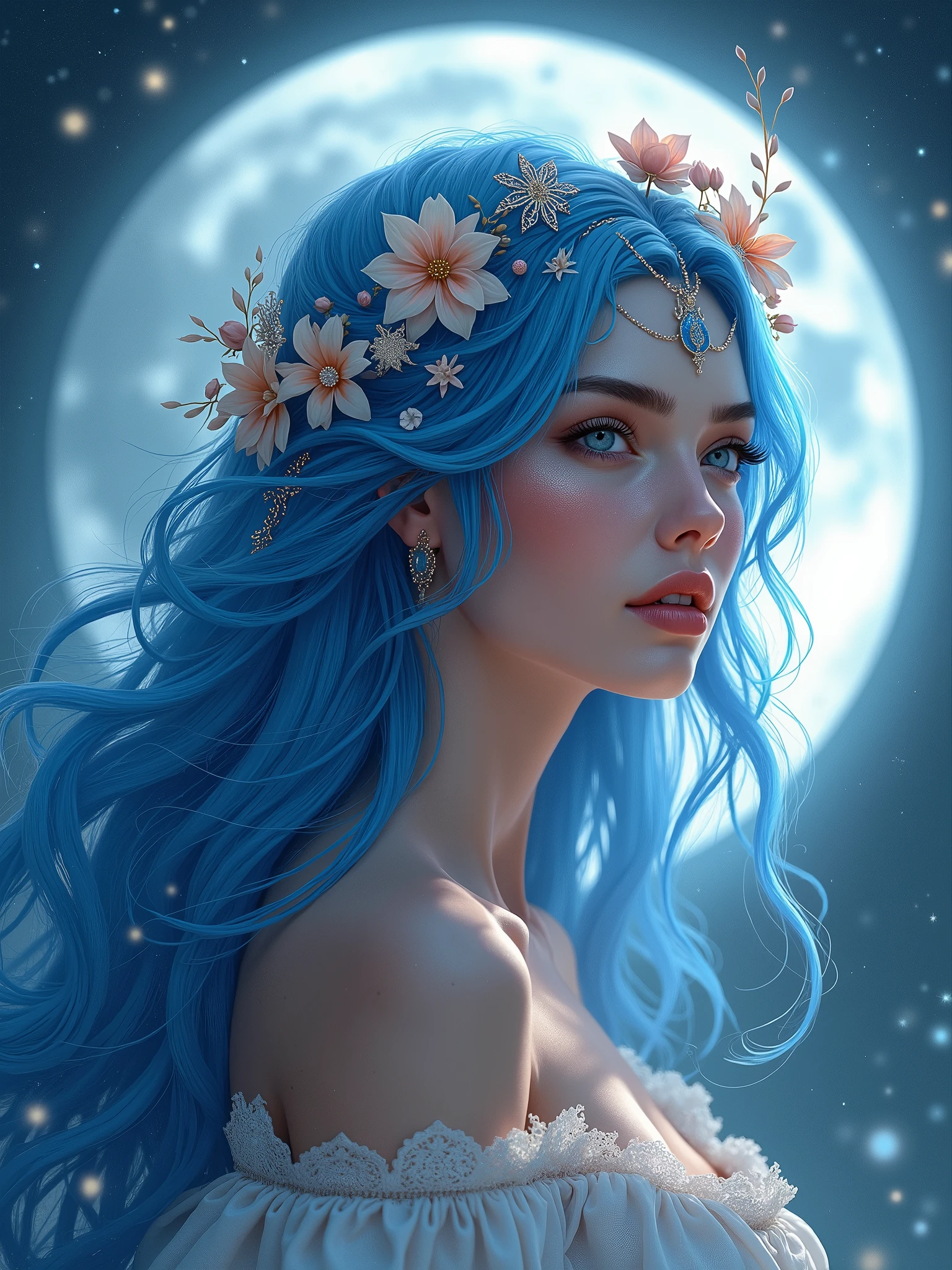 a close up of a woman with blue hair and a flower crown, moon goddess, goddess of the moon, lunar goddess, beautiful digital artwork, fantasy art style, beautiful digital art, the moon behind her, beautiful fantasy art, beautiful fantasy art portrait, beautiful fantasy portrait, gorgeous digital art, portrait of a norse moon goddess, beautiful gorgeous digital art, digital art fantasy