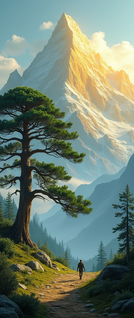 A golden mountain and a welcoming pine tree in front