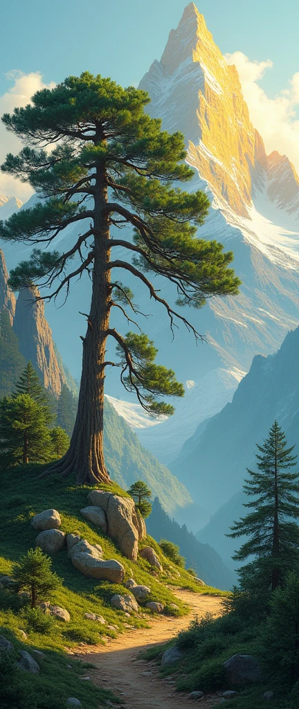 A golden mountain and a welcoming pine tree in front