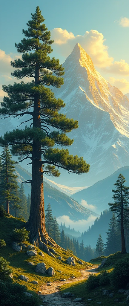 A golden mountain and a welcoming pine tree in front