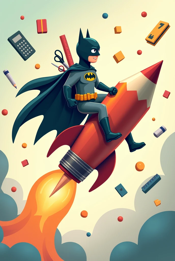 Crée une illustration vecteur réaliste d’un personnage en fantaisiste deguiser en super-héros ' BATMAN' de Marvel monté sur un crayon géant comme une fusée. Le personnage est équipé de fournitures scolaires telles que des ciseaux, une règle et des gommes attachées à son dos, prêt pour une aventure éducative. L’arrière-plan est rempli de divers objets scolaires comme des calculatrices, des cahiers et des formes géométriques flottant dans un espace aux couleurs pastel douces pour évoquer un environnement d’apprentissage ludique et créatif.