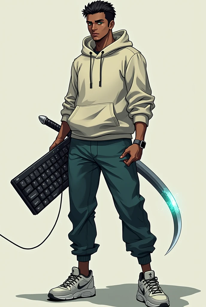 Create me an anime style character with a sweatshirt and pants that has green eyes and is dark with the short hair of a normal person from Latin America and that has imposingness with a sword and keyboard that is sul