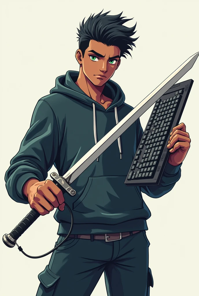 Create me an anime style character with a sweatshirt and pants that has green eyes and is dark with the short hair of a normal person from Latin America and that has imposingness with a sword and keyboard that is sul