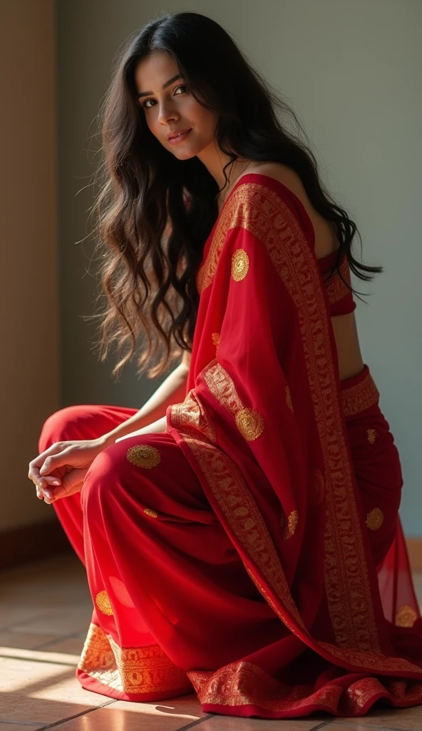 An Indian woman, hot red saree, girl squatting, showing her full Shows ass and anus, white shiny skin,