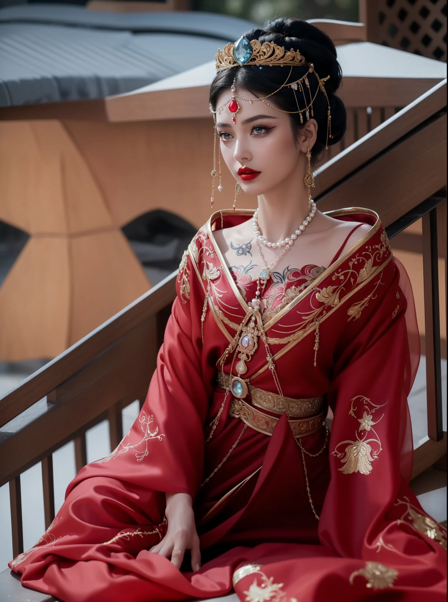 Royal princess,Extremely detailed, Delicate face, Stock Photography , Portrait 400, F1 Camera Lens.6, rich and colorful, Surrealism, Realistic textures, Dramatic Lighting, Thin Film Distiller 800 (8K, original photo, Better quality, masterpiece: 1.2), Extremely detailed, (Extremely delicate skin: 1.2), 8K ultra high definition, SLR camera, Soft Light, high quality.Fire Queen,Blue pupils,Wear red lipstick,Have a tattoo,The tattoo is very three-dimensional,Gorgeous and intricate tattoo designs,Dark eyeshadow,Sexy thick lips(Red lipstick),Gorgeous pearl and gemstone decoration,Cleopatra wore jewelry made of gold and precious stones.,The stunning Queen,sit on the floongers straightened