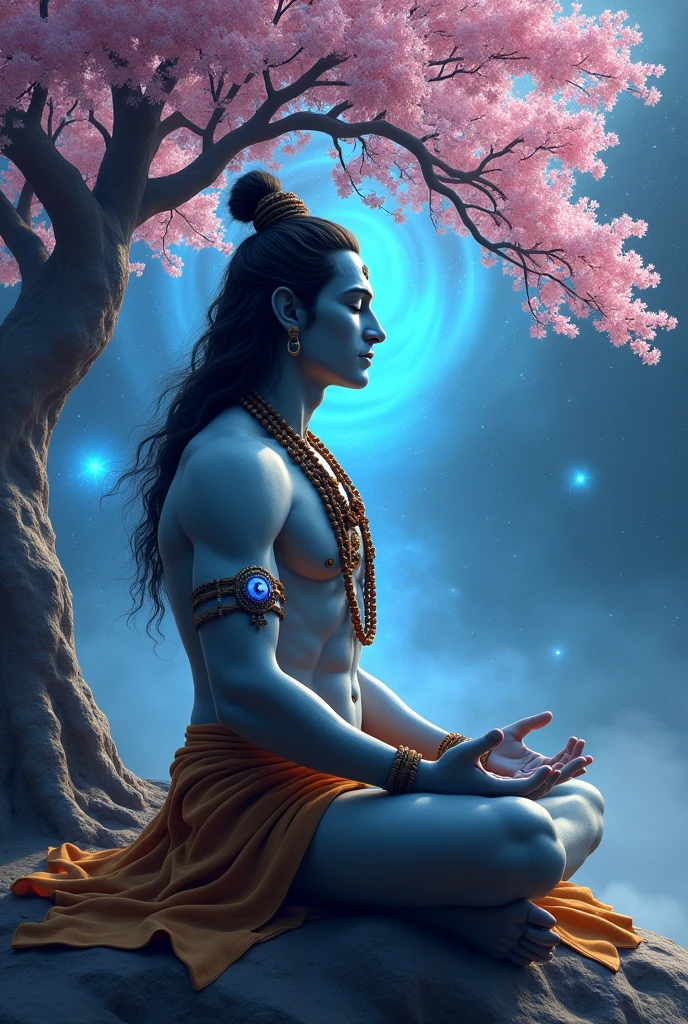 make a picture of lord Shiva, handsome, side view, background universe, lord Shiva grey colour skin, body with aura, body with aurora, handsome, blue glowing with 3rd eye, background colour universe , meditate under the cherry blossom tree, Mahadev, Shiv, wearing tiger skin , rudraksha, with glowing 3rd eye , rudraksha in biceps, under the cherry blossom tree , glowing aura, glowing blue eyes , Mahadev, Shiv , side view , meditate