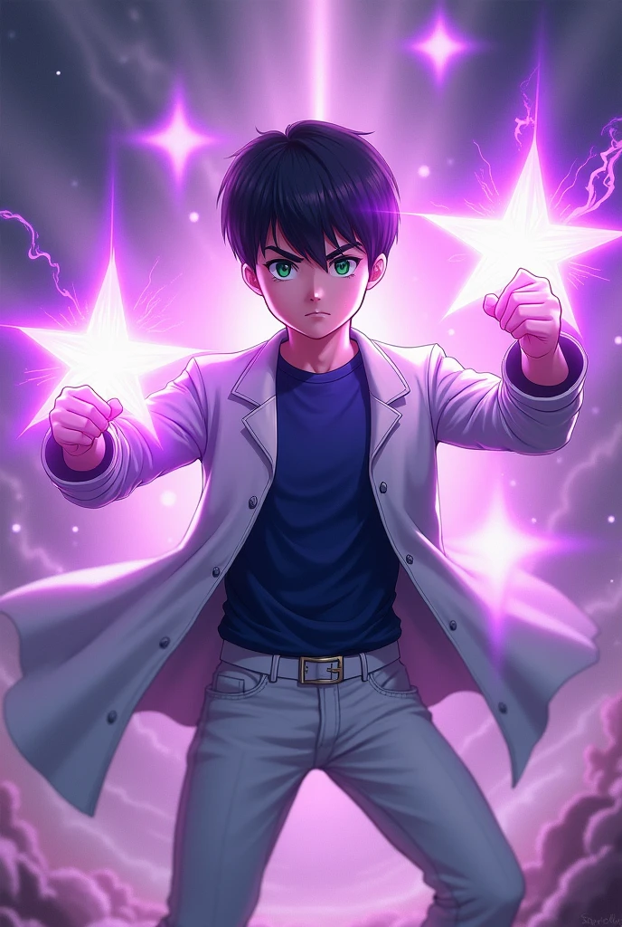 A half-strong white adult boy with a short, straight black quiff, green eyes a dark blue t-shirt and a white open white overcoat, White pants, 5 large purple shining stars around it, fighting position, arms with purple aura