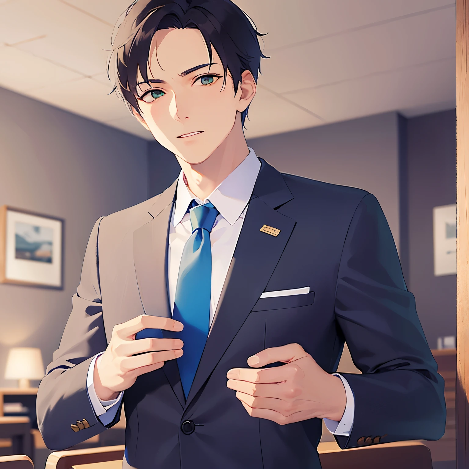 Upper Body,masterpiece,Highest quality,(Male 2:1.5) and (Brown short hair) and (Green Eyes), (Wearing a suit:1.3) and (Blue tie),(Serious),The background is the company meeting room.,(Alone:1.5)