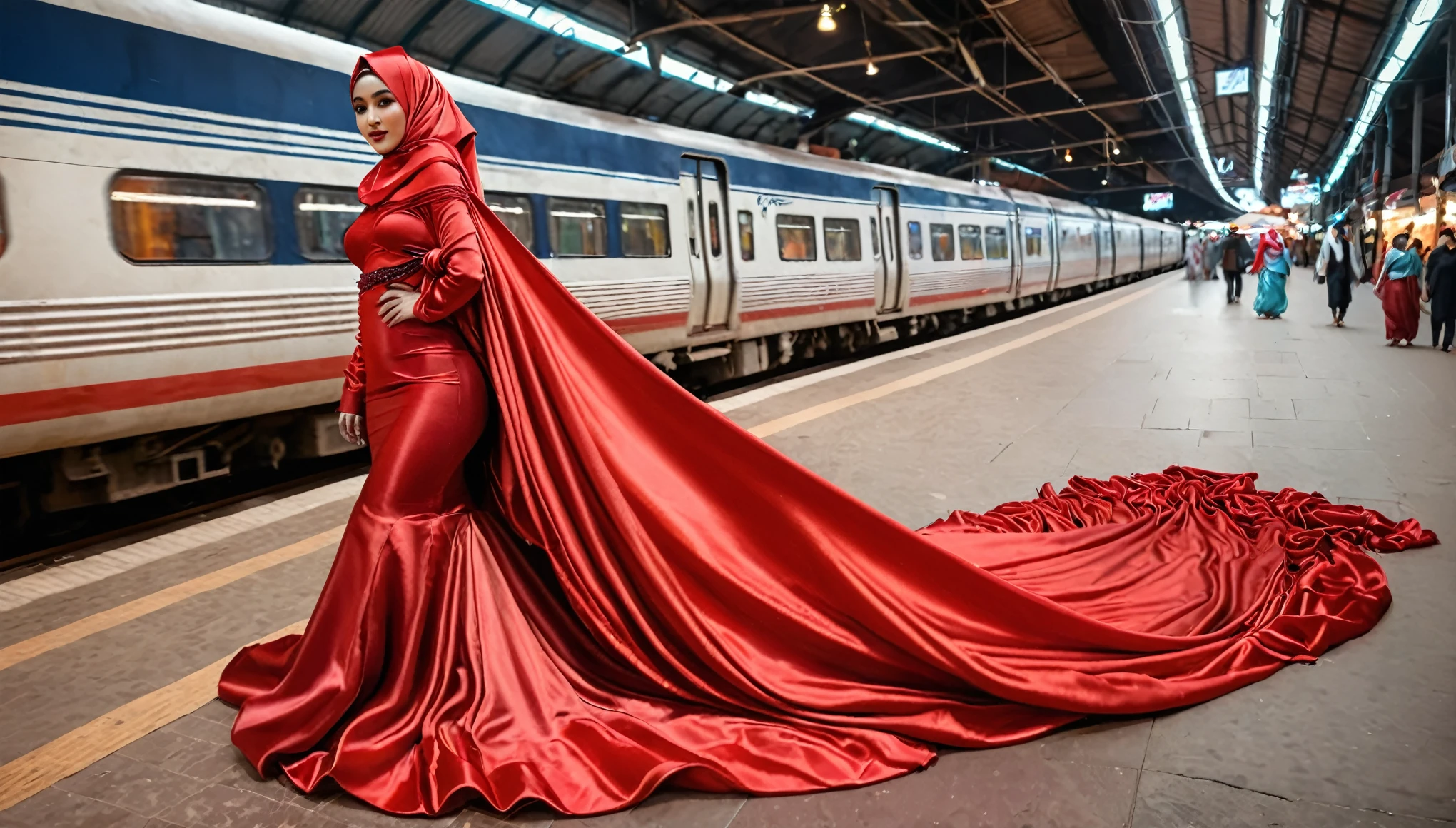 A woman shrouded in a 8-meter-long, plush red satin cloth, tightly bound and grandly draping along the form of her body, flowing off into a pooled floor-length train, styled in a mermaid-inspired outfit, her head modestly veiled in a satin hijab, tall woman, walking in traditional market, a full-body pose posing in front of people, captured in a 4k resolution, ultra-realistic
