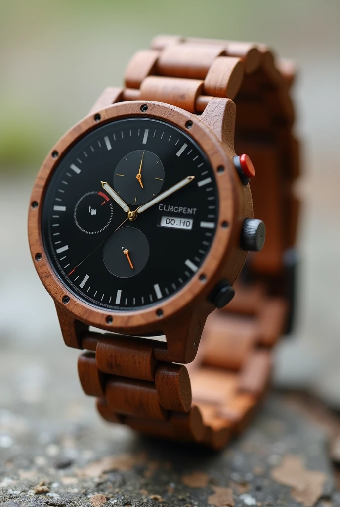 Make a eco-friendly smart watch with a flashlight feature and warning siren, made out of wood but more minimalist and aesthetic look