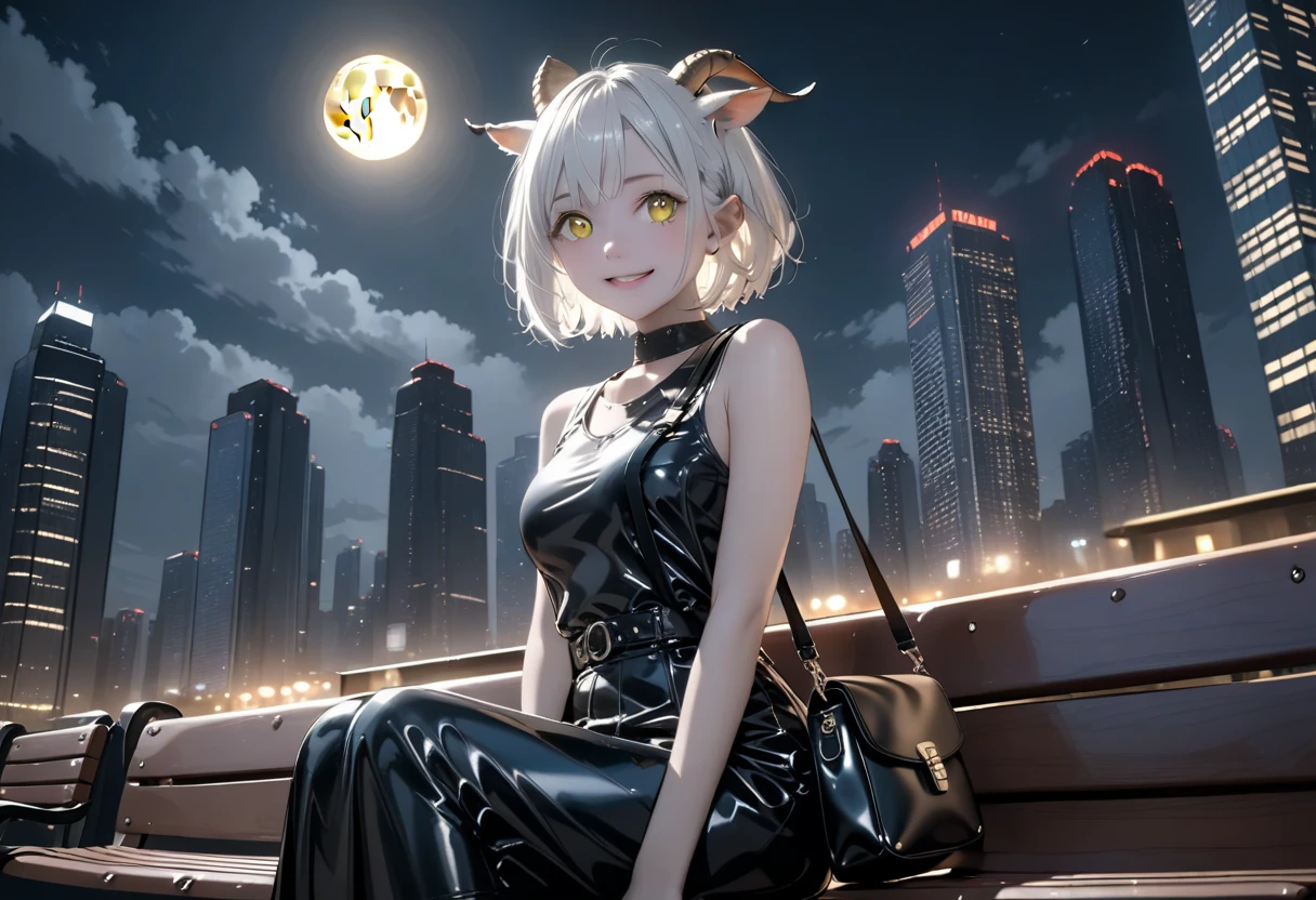 black and white bicolor hair, ,Asymmetrical hair, short hair,Crazy eyed woman。Sitting on a bench。Yellow Eyes, smile。Black latex long skirt。Latex black sleeveless。Black messenger bag。Goat ears,Lonely。Dark atmosphere。A group of realistic buildings。Skyscraper。full moon。Beautiful night view。Cowboy Shot。Cinema Lighting ,masterpiece,, Highest quality, 8k.