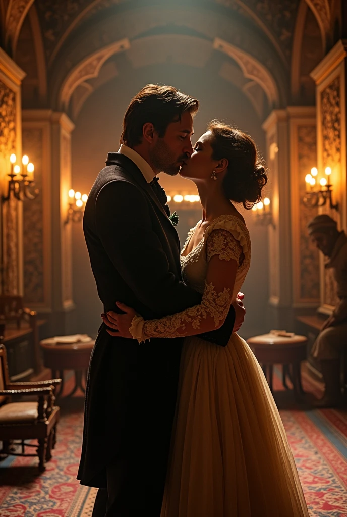 Imagining Susan Sarandon and Gerard Butler kissing in a medieval castle creates a very romantic and dramatic scene.. The age difference between the two only adds an element of depth to the moment.. Dressed in ancient costumes, they would be in a setting that combines the elegance of the time with an intense emotional charge. This could result in a very cinematic and charming image..