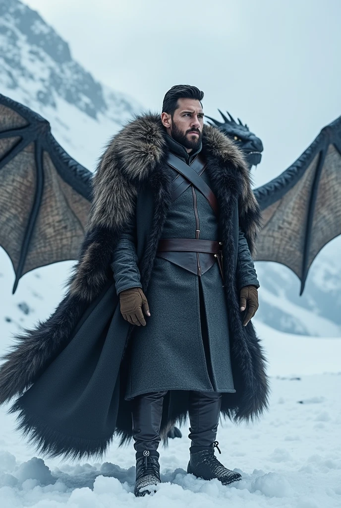 Virat kohli as Jon snow with his dragon on a snow mountain