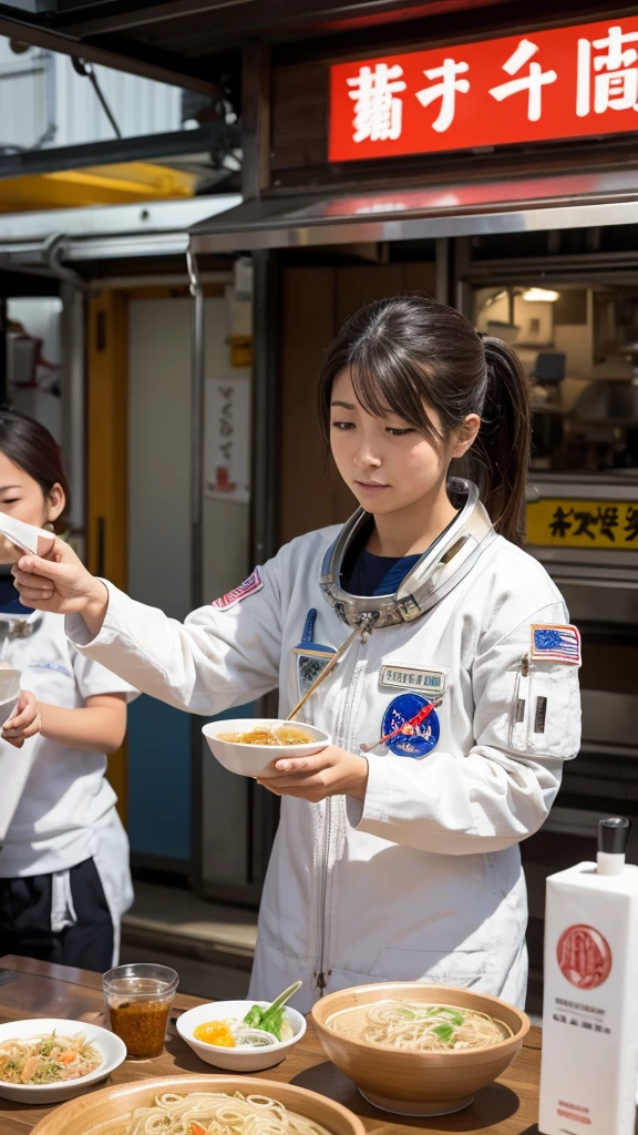 Ramen from a Japanese food stall,Astronauts eating,