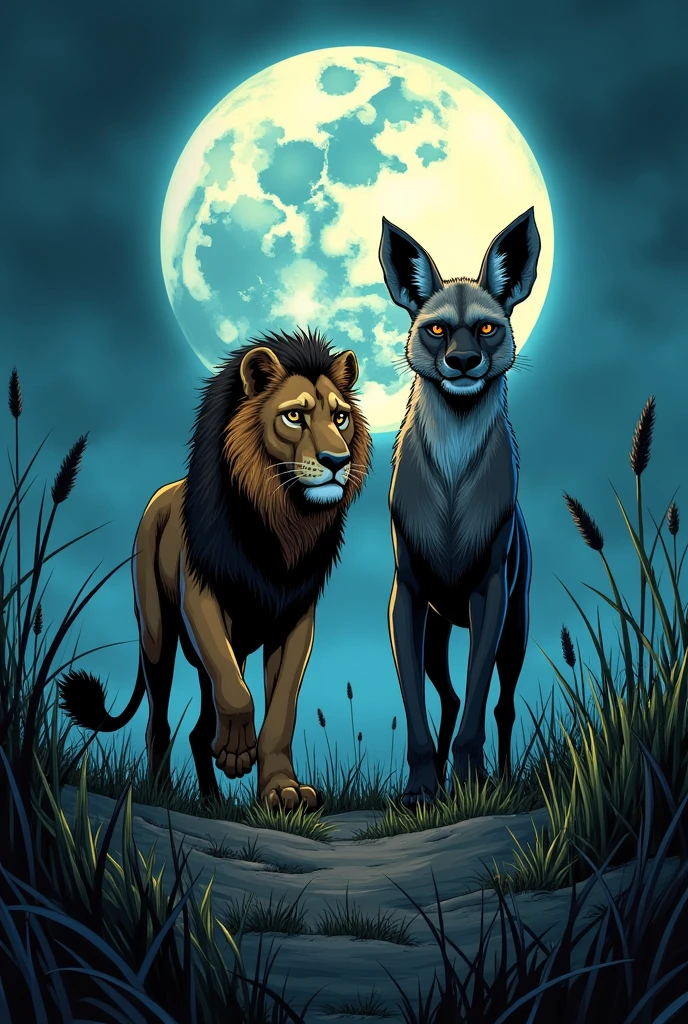 A worried and fearless lion looking around the clearing, next to the lion there is a hyena with a sarcastic and mocking look, It's night and there's a huge moon covering the sky, I want the image to generate suspense and drama, comic book style.