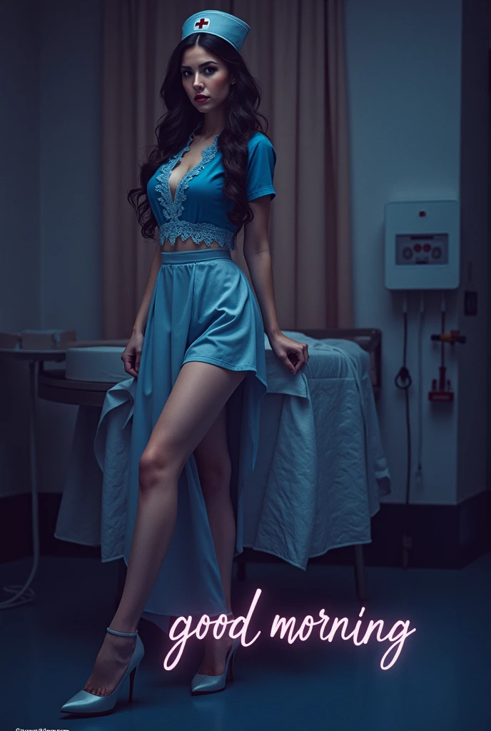 A conceptual photo of a young and sexy female nurse with a captivating gaze. She wears a tight-fitting, sheer uniform with lace detailing and high heels. The Kursive Quadrian Elegant Script name "GOODMORNING" is elegantly written in MetallicThe background is dark, with a hint of a medical setting. The focus is on the nurse's alluring gaze. The overall ambiance is sultry and enticing, challenging the traditional image of a nurse.