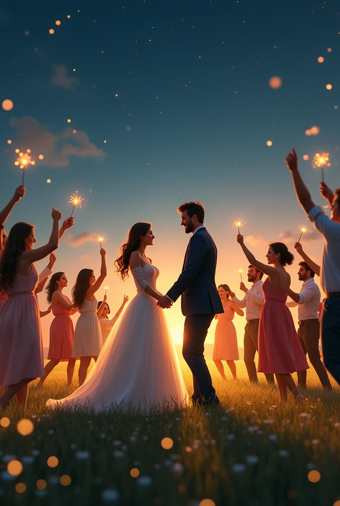 happy couple on their wedding day with guests around them happily dancing in the field under the stars with fireflies flying around them