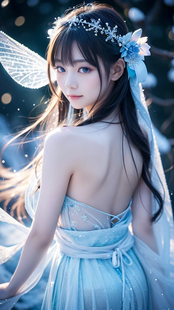 **Prompt:** Create an ultra-realistic 8K image of Yuki-onna, the snow spirit from Japanese folklore, reimagined as the ultimate fairy while retaining her iconic features. Yuki-onna is depicted with ethereal, translucent skin that glows softly with an icy blue hue, giving her an otherworldly, delicate appearance. Her long, flowing white hair cascades down her back, interwoven with tiny, shimmering snowflakes that sparkle like diamonds in the light.
She has delicate, frost-covered wings that glisten with a crystalline sheen, their intricate patterns resembling the most delicate of snowflakes. Her eyes are a deep, mesmerizing blue, filled with an ancient wisdom and a touch of mischief, as if she carries the secrets of winter within her gaze.
She wears a flowing, gauzy dress made of frost and ice, adorned with tiny icicles that dangle and sway with her every movement. The dress appears almost weightless, as if it is made of pure winter air, and it glows faintly in the light, adding to her ethereal presence. Her fingers are slender and graceful, and she holds a small, glowing orb of ice in her hands, from which tiny snowflakes drift and dance in the air.
The background is a magical winter forest, with frost-covered trees and sparkling snow blanketing the ground. Soft, ethereal light filters through the trees, casting a gentle glow over the entire scene. The air is filled with the soft sound of snowflakes falling, creating a serene and enchanting atmosphere.
Yuki-onna’s expression is gentle and serene, with a slight, knowing smile that suggests she is both a guardian and a playful spirit of winter. The scene captures her as the ultimate winter fairy, a being of delicate beauty and enchanting magic, blending the mystique of Yuki-onna with the whimsical charm of a fairy.
