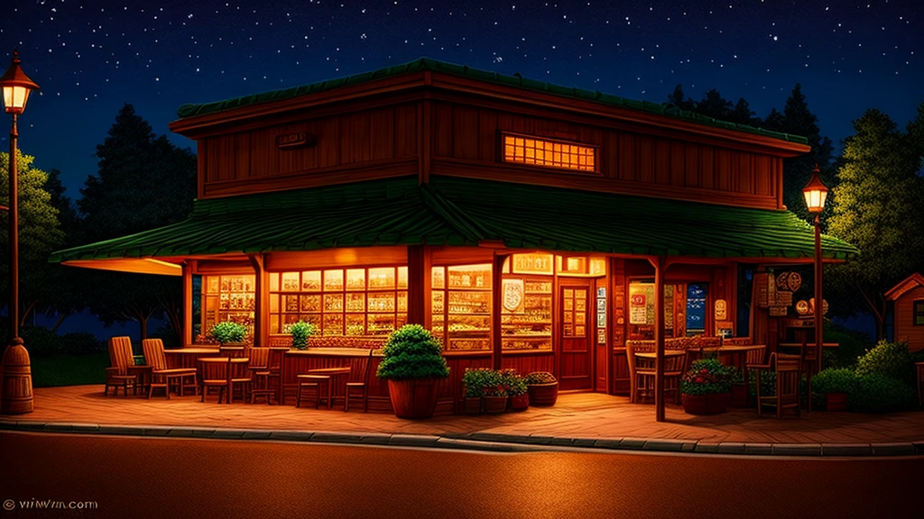 coffee shop at night, ghibli style