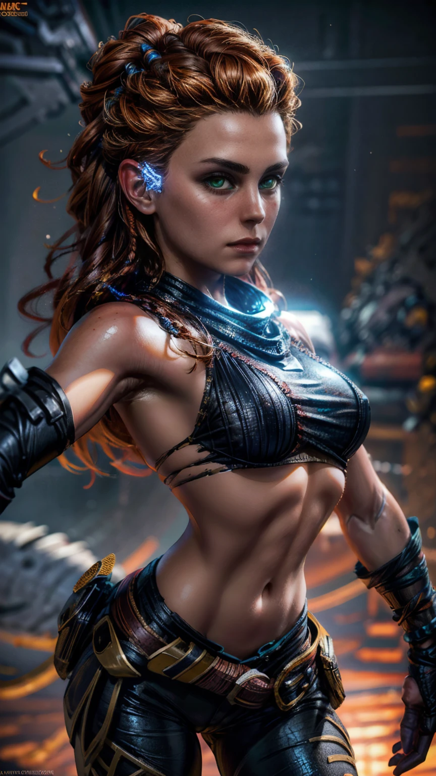 beautiful detailed eyes, beautiful detailed lips, extremely detailed eyes and face, long eyelashes, 1girl, cosplay, Kim Possible cosplays as Aloy from Horizon games, intricate detailed costume, high quality 3D render, cinematic lighting, photorealistic, hyper detailed, vibrant colors, warm lighting, dramatic pose, dynamic action, epic fantasy, human anatomy, no bra