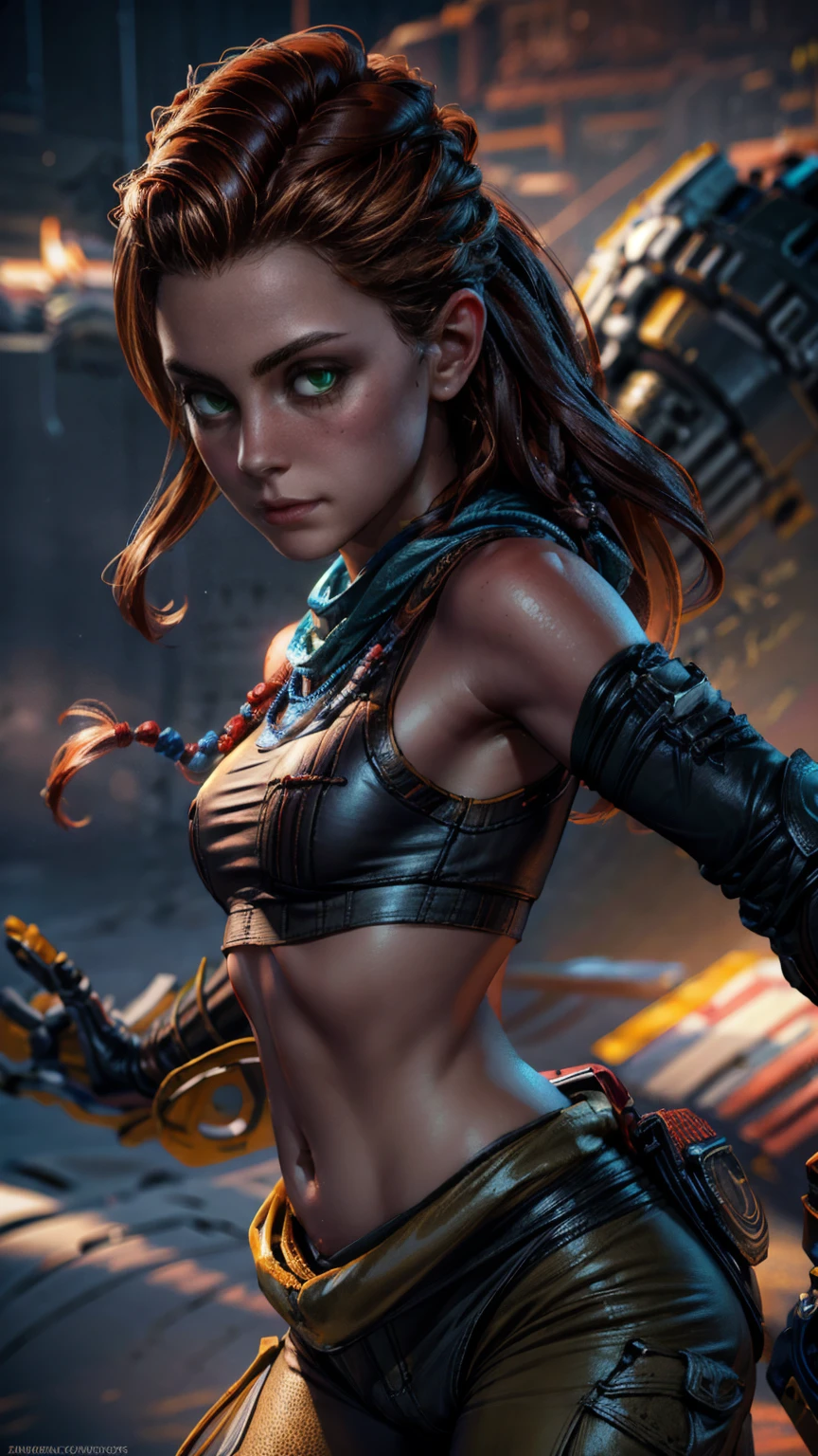 beautiful detailed eyes, beautiful detailed lips, extremely detailed eyes and face, long eyelashes, 1girl, cosplay, Kim Possible cosplays as Aloy from Horizon games, intricate detailed costume, high quality 3D render, cinematic lighting, photorealistic, hyper detailed, vibrant colors, warm lighting, dramatic pose, dynamic action, epic fantasy, human anatomy, no bra