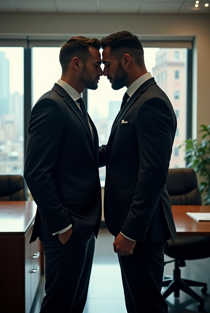 Two handsome muscular men dressed in suits looking at each other with sexual desire in an office