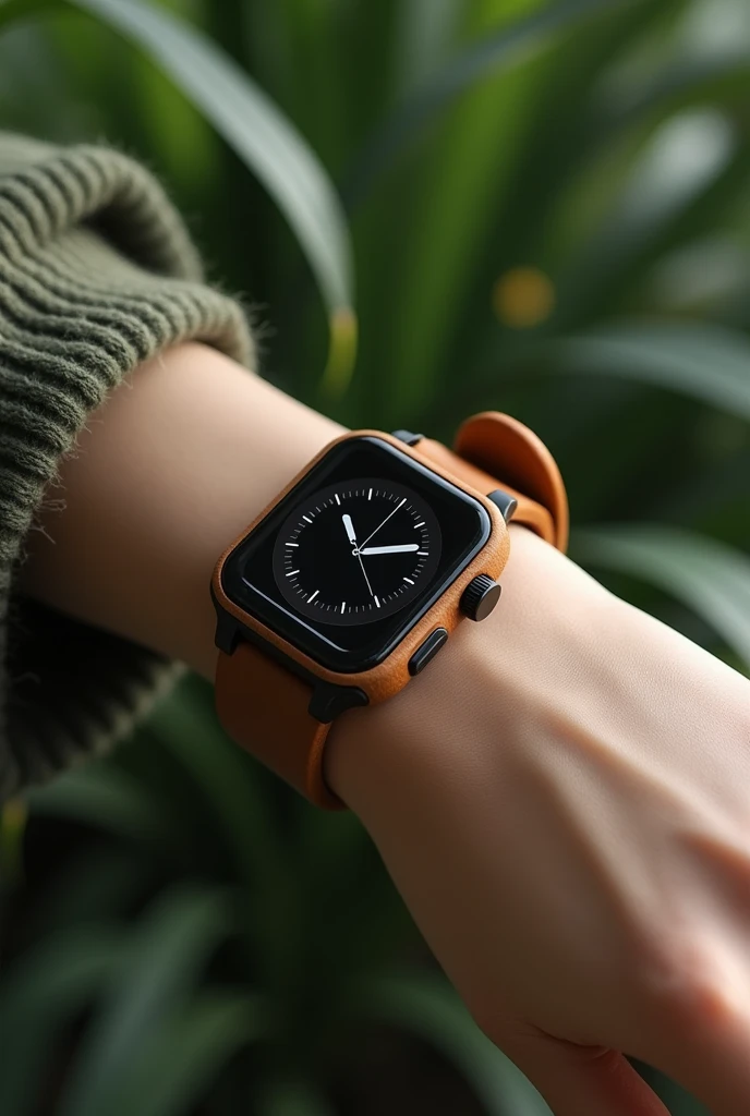 Make a eco-friendly smart watch with a flashlight feature and warning siren, made out of wood but more minimalist and aesthetic look for girls
