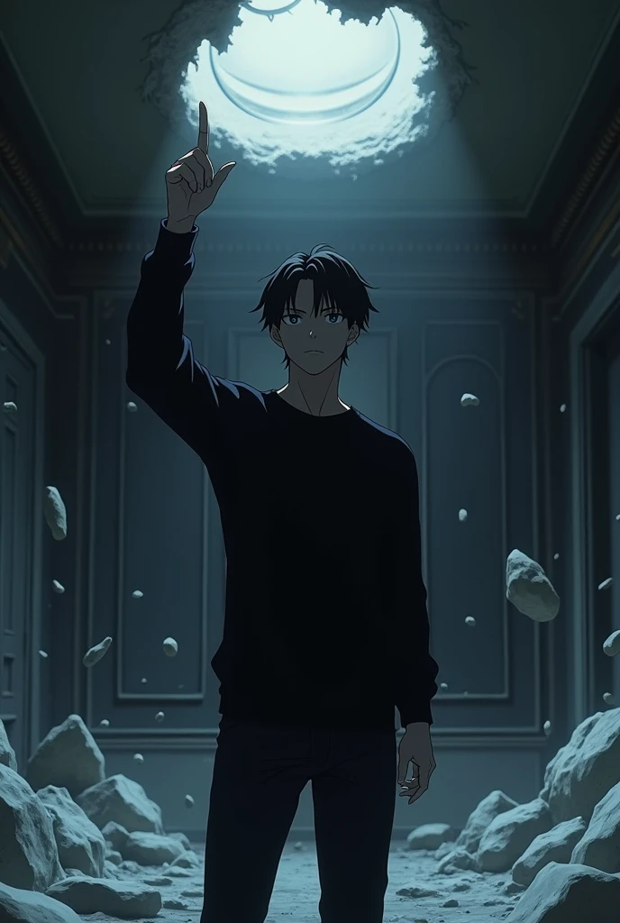 The image is anime style cowboy bebop and Darker than black with shadows and dim lights, anime style although somewhat adult and dark, It shows a single adult male aged 29., with black hair and black sweater, and black eyes standing, is located in a luxurious destroyed room, with lots of white debris everywhere, He has his finger raised to the height of his head, pointing at the ceiling.