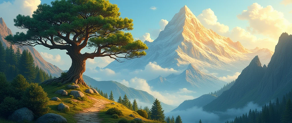 A golden mountain and a welcoming pine tree in front