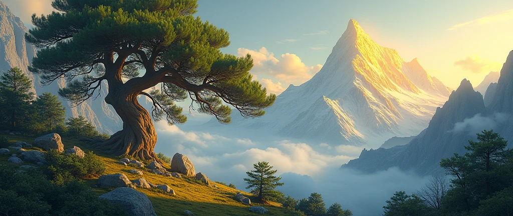 A golden mountain and a welcoming pine tree in front