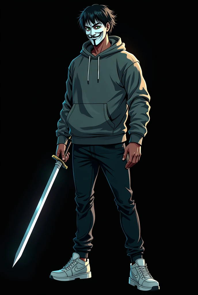 Create me an anime-style character with a sweatshirt and pants that has green eyes and is dark-skinned with the short hair of a normal person from Latin America and that has power with a sword and keyboard that is tall, that is an adult and with a black background and that is like a hacker and that has an anonymous mask.